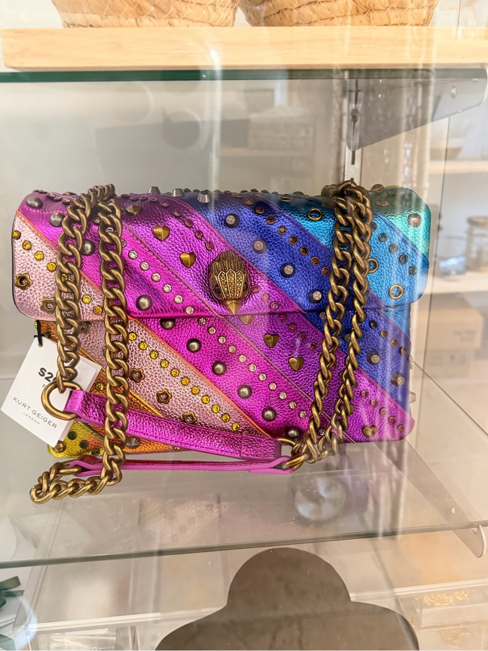 Kurt Geiger Rainbow Striped Embellished Leather Crossbody with Gold Chain